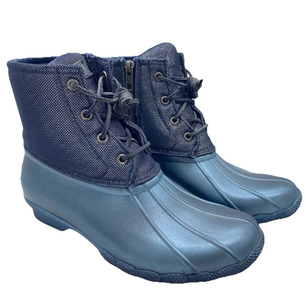 Sperry Saltwater Waterproof Duck Boots Women's 7.5 Pearlized Blue Rubber Ankle